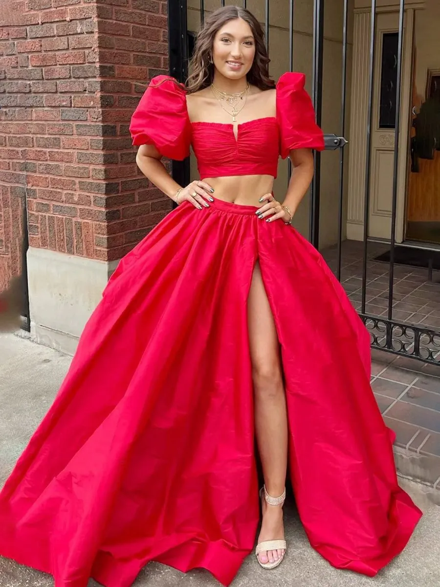 Two-Piece Puff Sleeves Satin Long Prom Dresses with Split