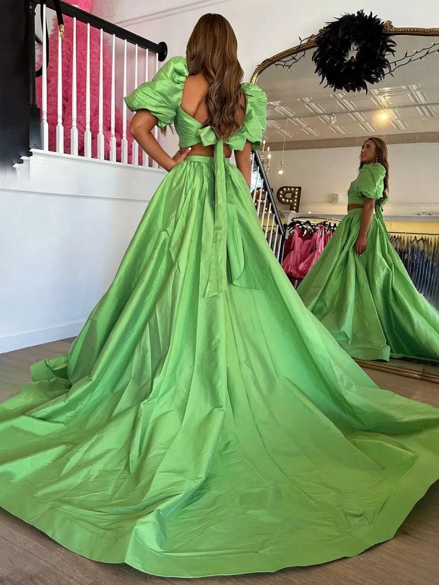 Two-Piece Puff Sleeves Satin Long Prom Dresses with Split