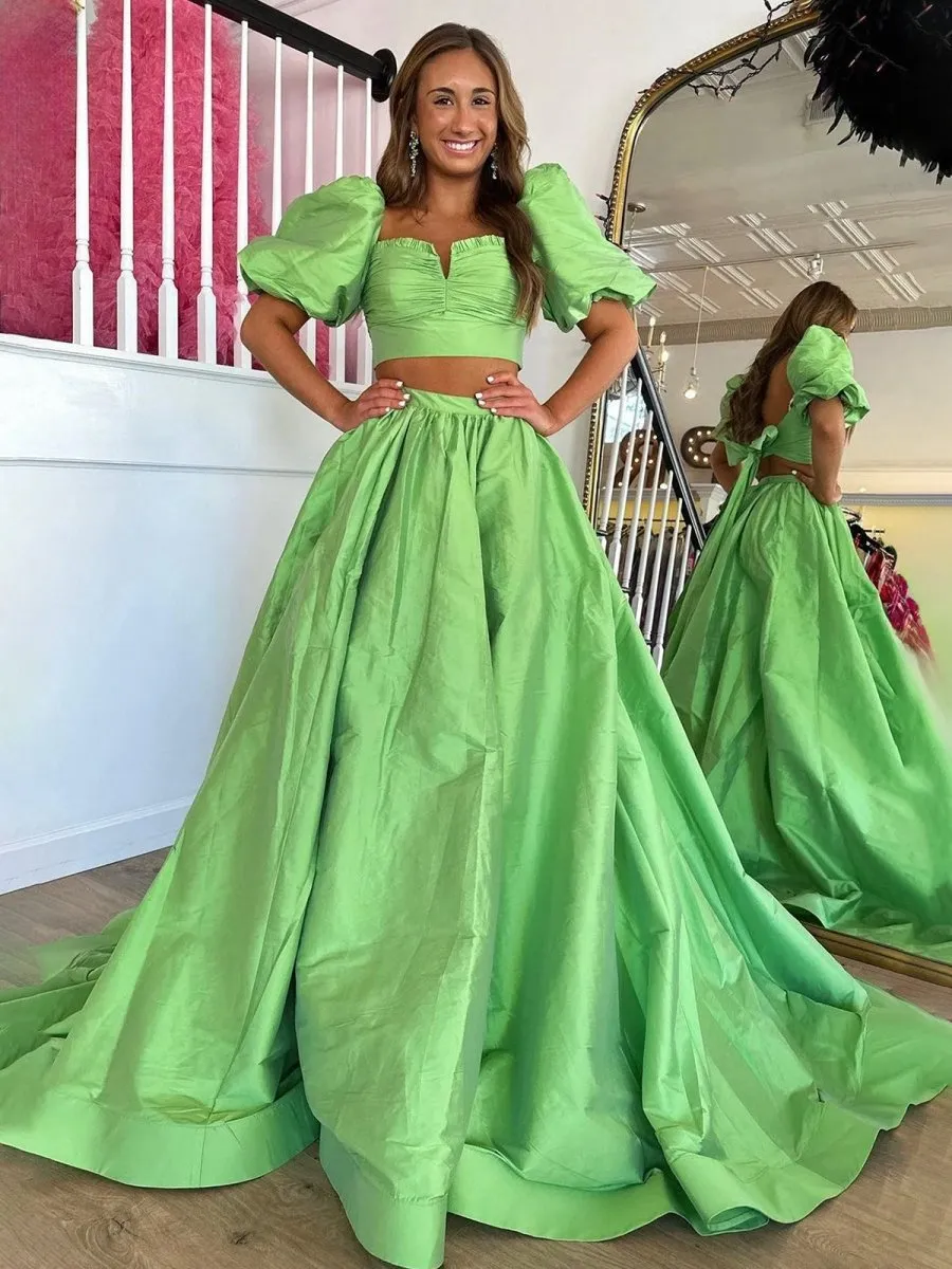 Two-Piece Puff Sleeves Satin Long Prom Dresses with Split