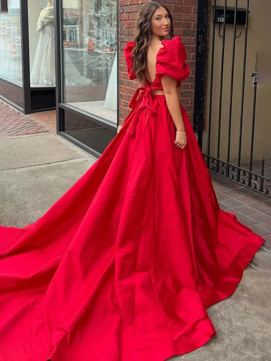 Two-Piece Puff Sleeves Satin Long Prom Dresses with Split
