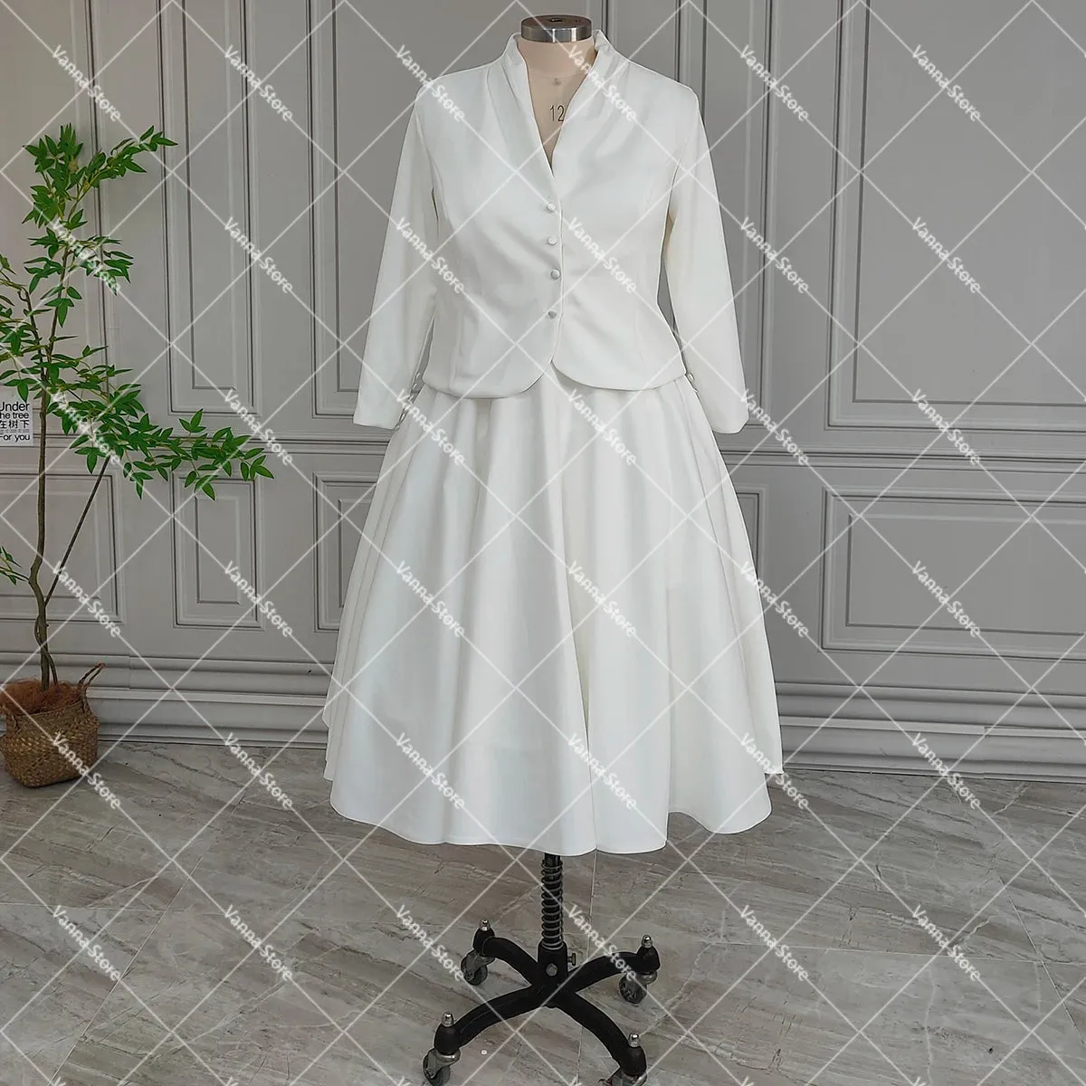 Two Piece Sleeveless Satin Wedding Dress With Jacket Simple Customized Real Photos Midi Length Bridal Gowns