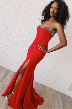 Unique red mermaid long prom dress, red evening dress