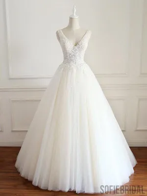V Neck A-line Lace Long Custom Cheap Wedding Bridal Dresses, WD301