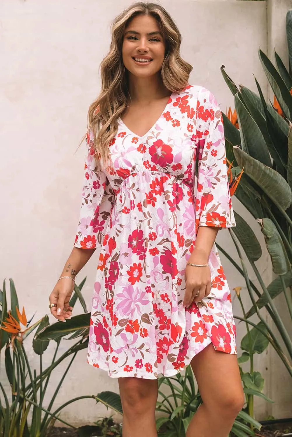 V Neck Floral Dress with 3/4 Sleeves