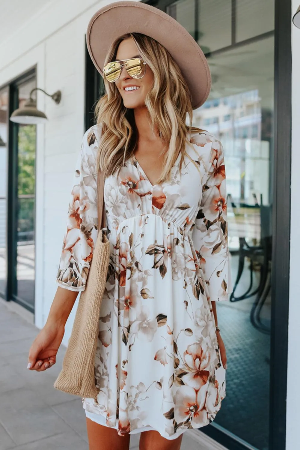 V Neck Floral Dress with 3/4 Sleeves