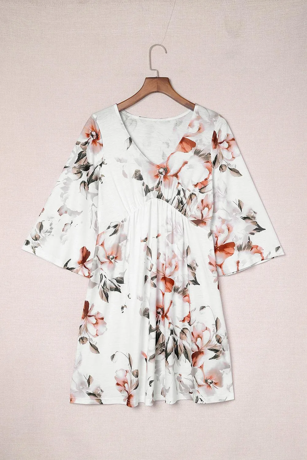 V Neck Floral Dress with 3/4 Sleeves