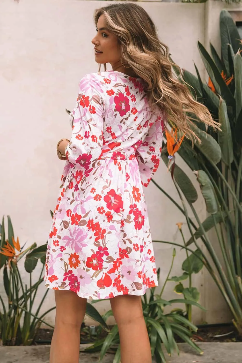 V Neck Floral Dress with 3/4 Sleeves