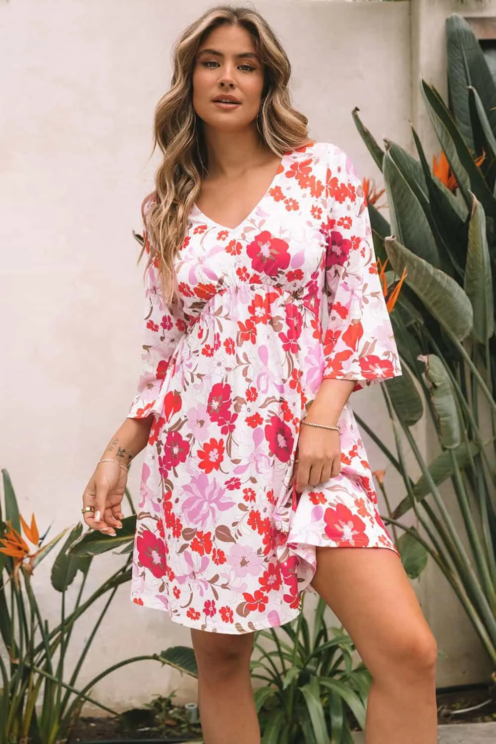 V Neck Floral Dress with 3/4 Sleeves