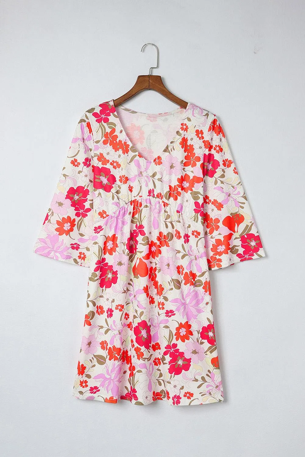 V Neck Floral Dress with 3/4 Sleeves