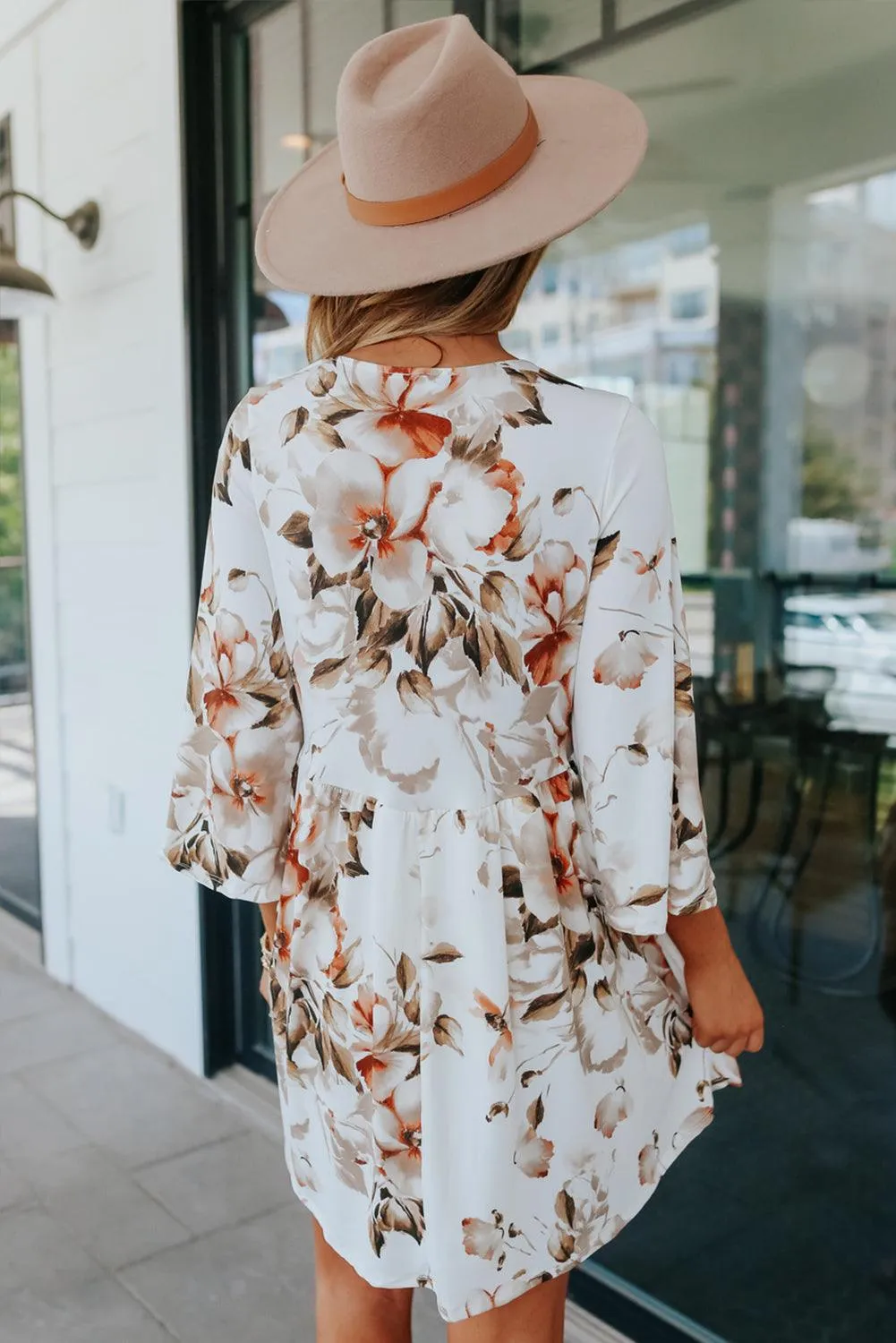 V Neck Floral Dress with 3/4 Sleeves