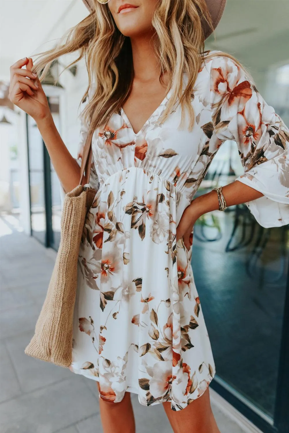 V Neck Floral Dress with 3/4 Sleeves
