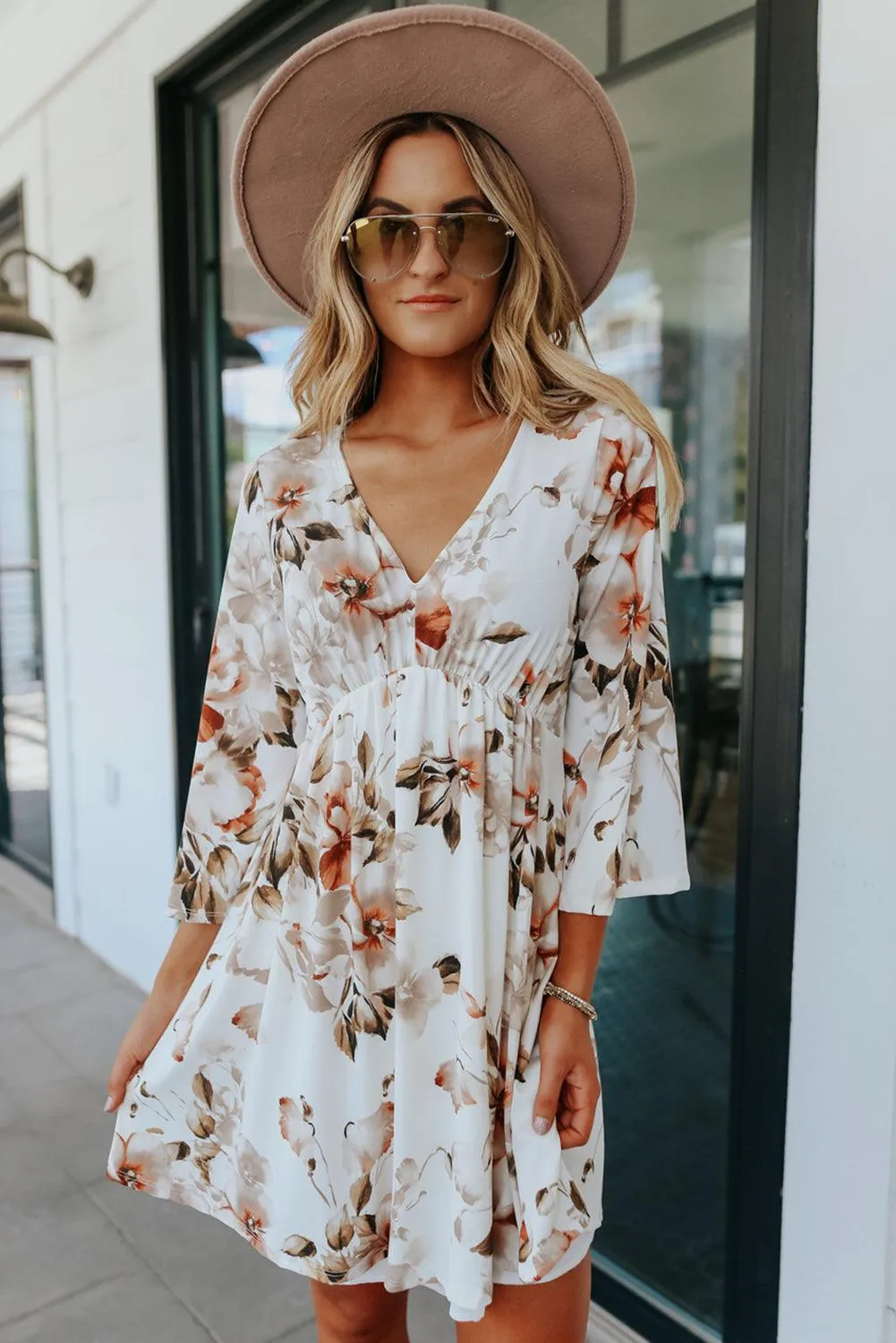V Neck Floral Dress with 3/4 Sleeves