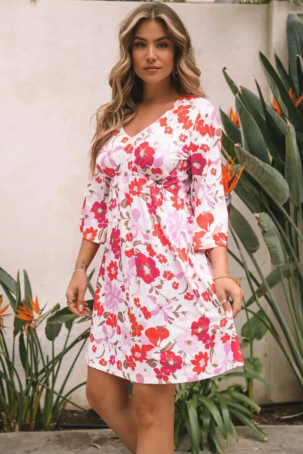 V Neck Floral Dress with 3/4 Sleeves