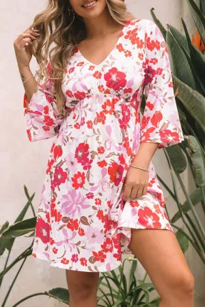 V Neck Floral Dress with 3/4 Sleeves