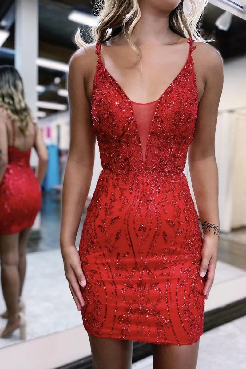 V neck Lace Appliques Short Homecoming Dresses Tight Graduation Dresses