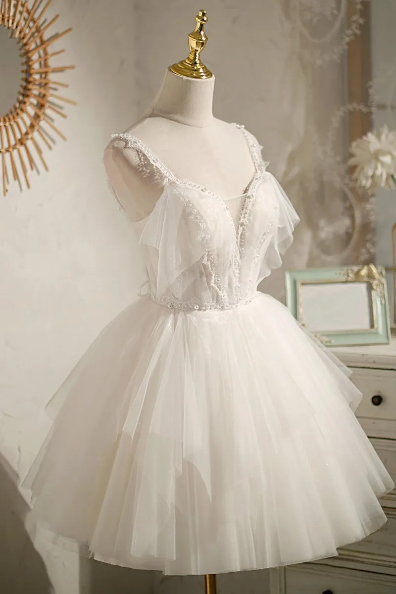 V Neck Spaghetti Straps Beading Short Homecoming Dresses