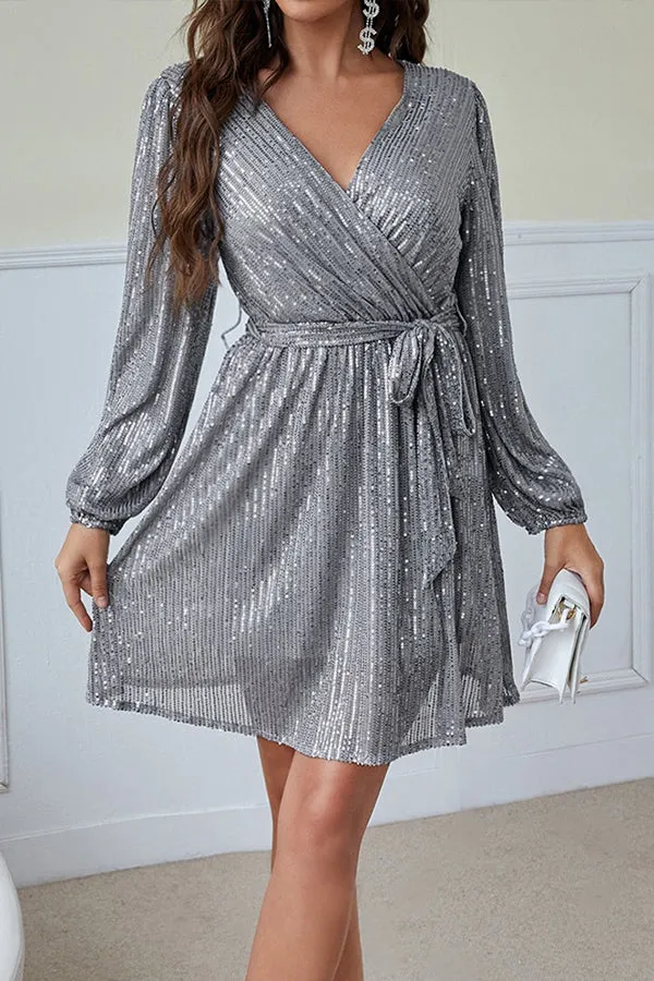 V-neck Temperament Long-sleeved Sequined Short Dress