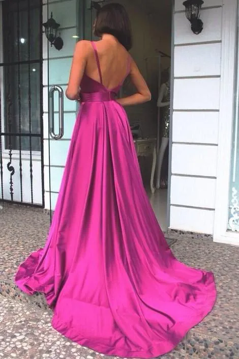 V-neckline Fuchsia Prom Gown with A-line Skirt Train Vestido de fiesta de graduaci¨®n