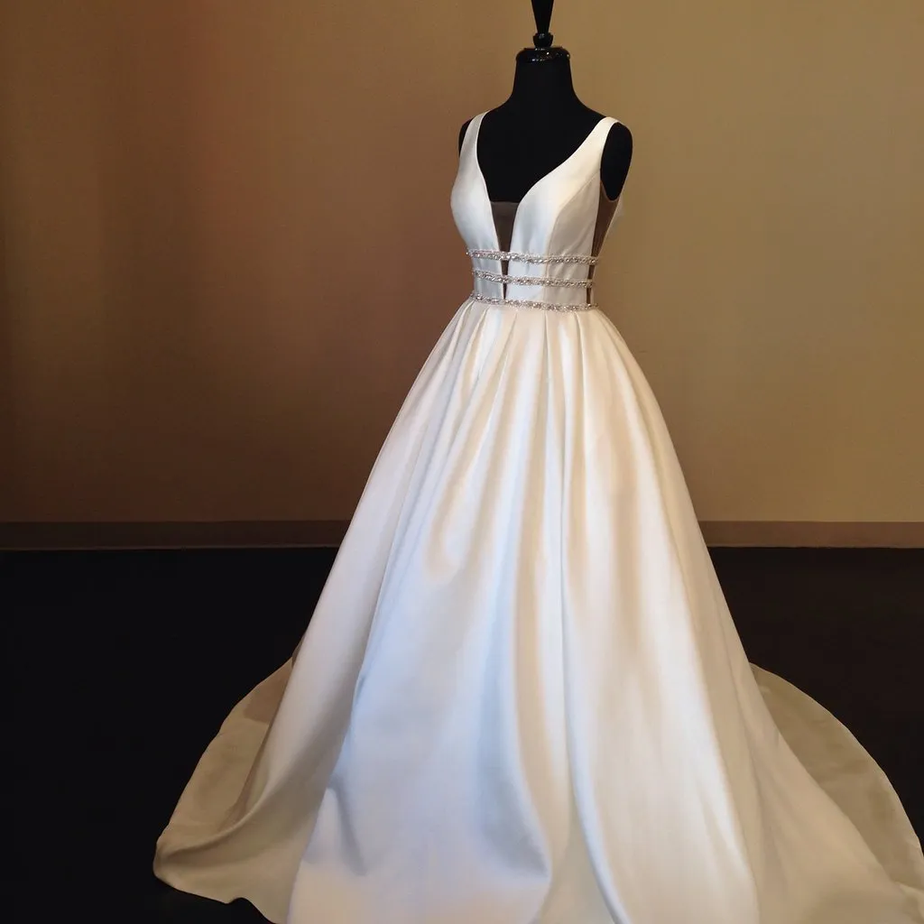 V-neckline Satin Wedding Gowns with Beading Belt