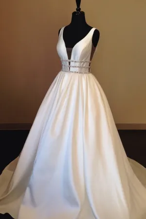 V-neckline Satin Wedding Gowns with Beading Belt