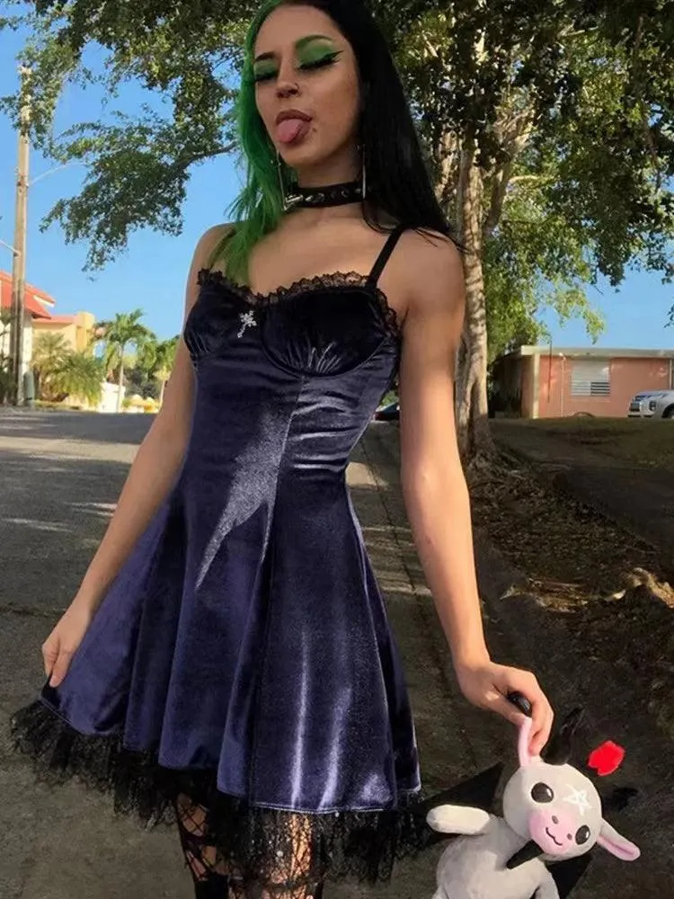 Velvet Gothic Sexy Black Mini Dress Vintage Spaghetti Strap