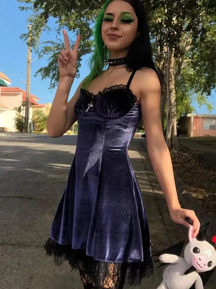 Velvet Gothic Sexy Black Mini Dress Vintage Spaghetti Strap