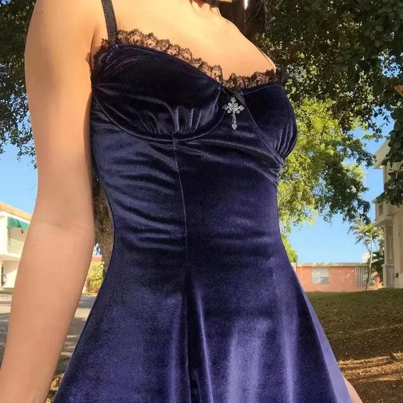 Velvet Gothic Sexy Black Mini Dress Vintage Spaghetti Strap