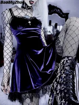 Velvet Gothic Sexy Black Mini Dress Vintage Spaghetti Strap