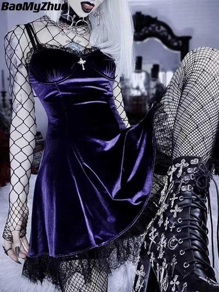 Velvet Gothic Sexy Black Mini Dress Vintage Spaghetti Strap