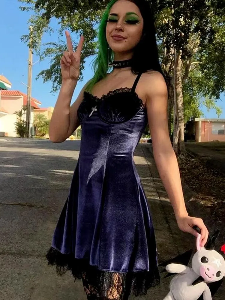 Velvet Gothic Sexy Black Mini Dress Vintage Spaghetti Strap