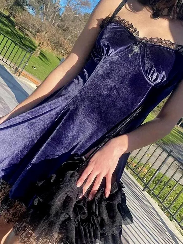 Velvet Gothic Sexy Black Mini Dress Vintage Spaghetti Strap