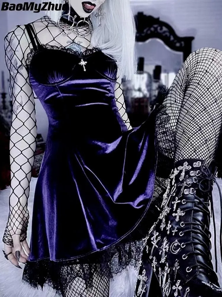 Velvet Gothic Sexy Black Mini Dress Vintage Spaghetti Strap