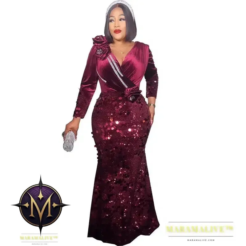 Velvet Long Luxury Evening Dresses For Women Fashion Autumn Winter V Neck Sexy Bodycon Sequins Party Dress Vestidos