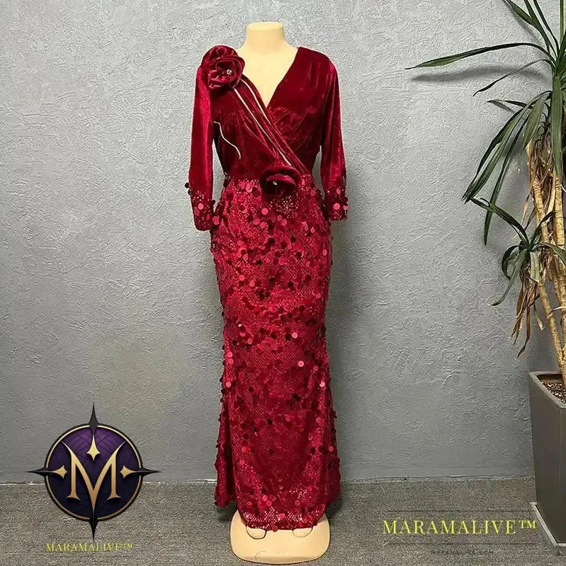 Velvet Long Luxury Evening Dresses For Women Fashion Autumn Winter V Neck Sexy Bodycon Sequins Party Dress Vestidos