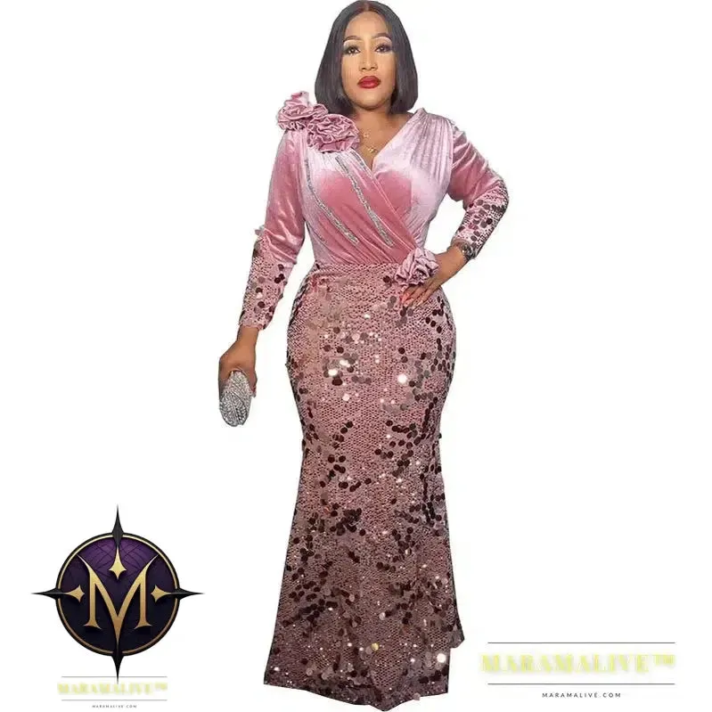 Velvet Long Luxury Evening Dresses For Women Fashion Autumn Winter V Neck Sexy Bodycon Sequins Party Dress Vestidos