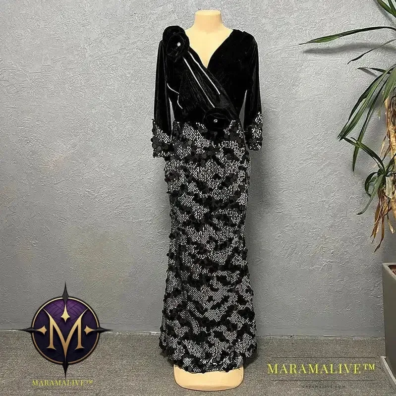 Velvet Long Luxury Evening Dresses For Women Fashion Autumn Winter V Neck Sexy Bodycon Sequins Party Dress Vestidos