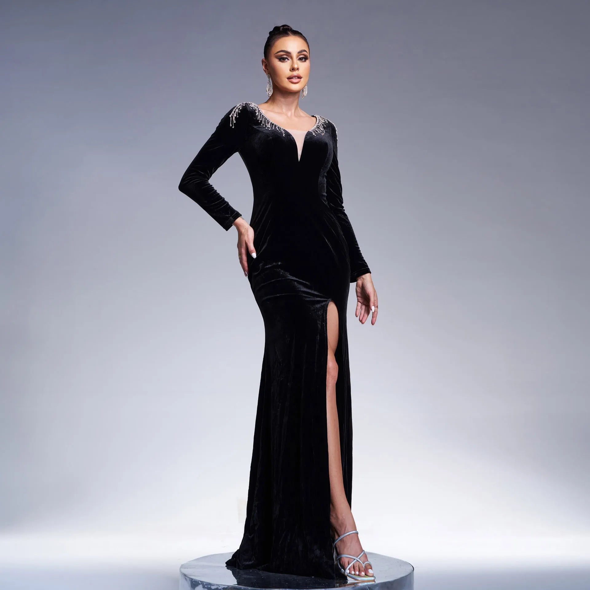 Velvet Long Sleeve Bodycon Evening Dress with High Slit and V-Neckline