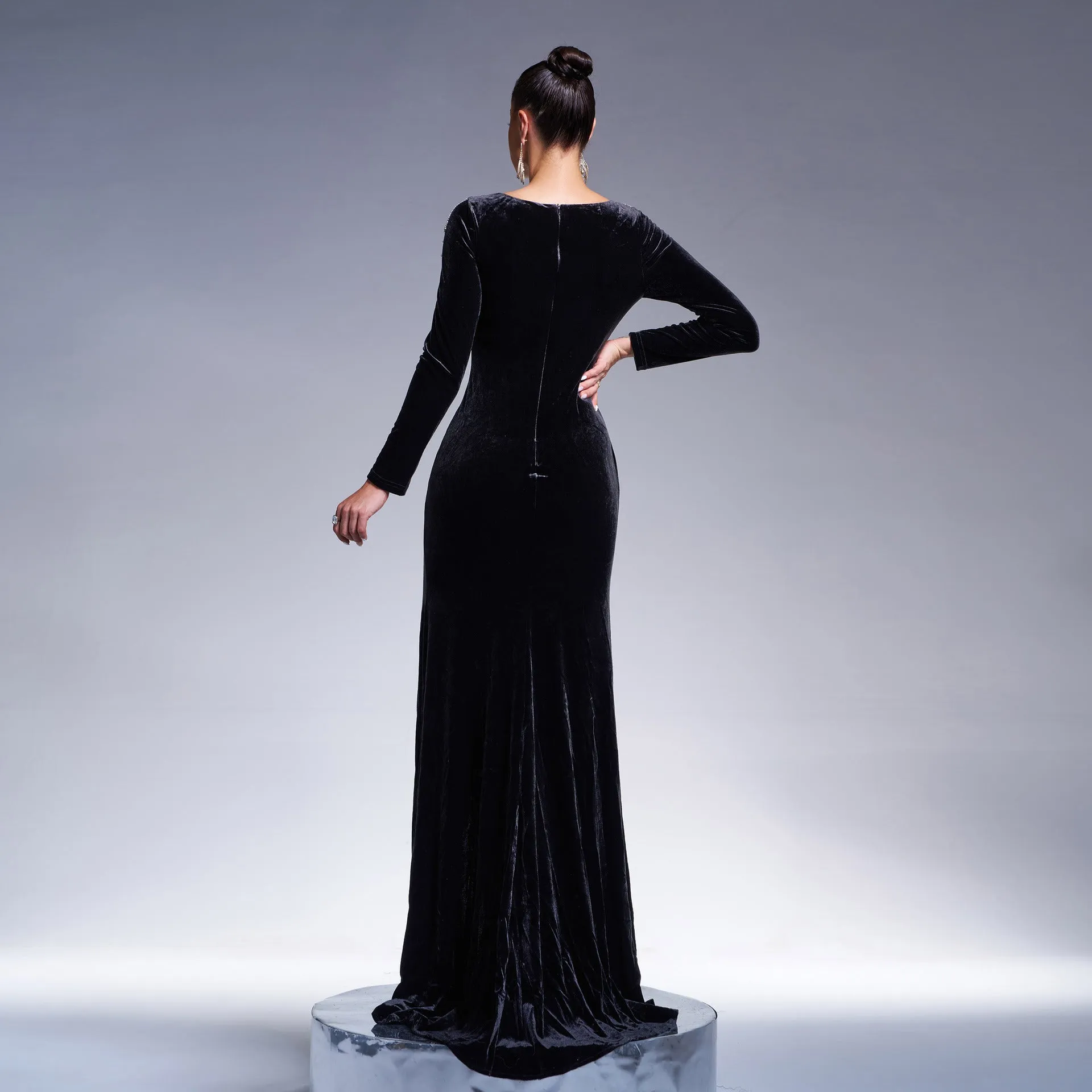 Velvet Long Sleeve Bodycon Evening Dress with High Slit and V-Neckline