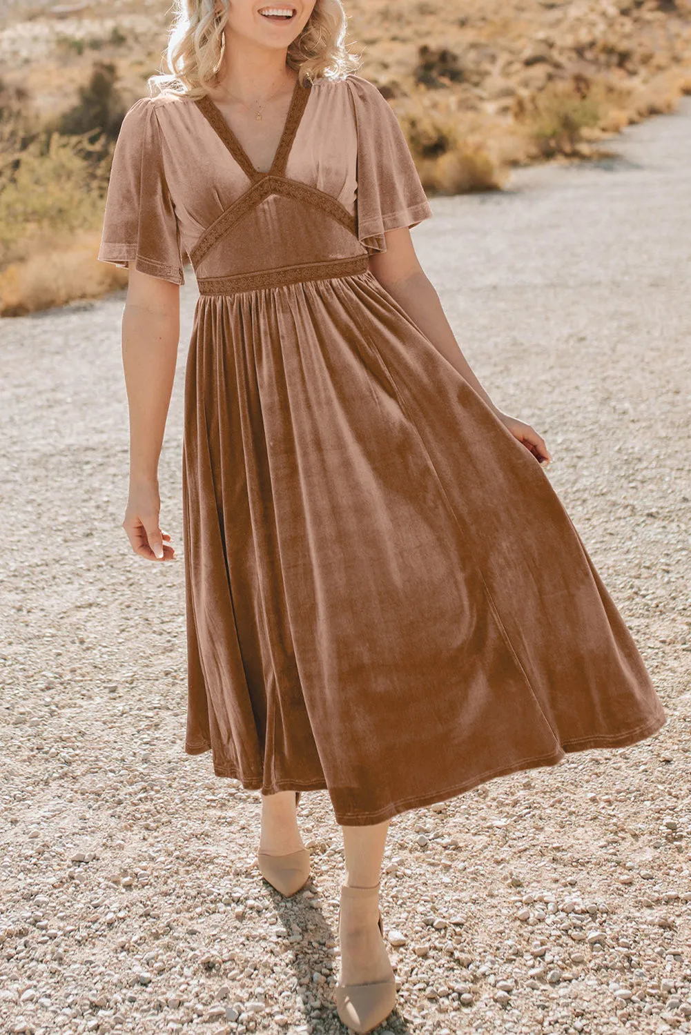 Velvet Maxi Dress with Lace Detail and Empire Waist