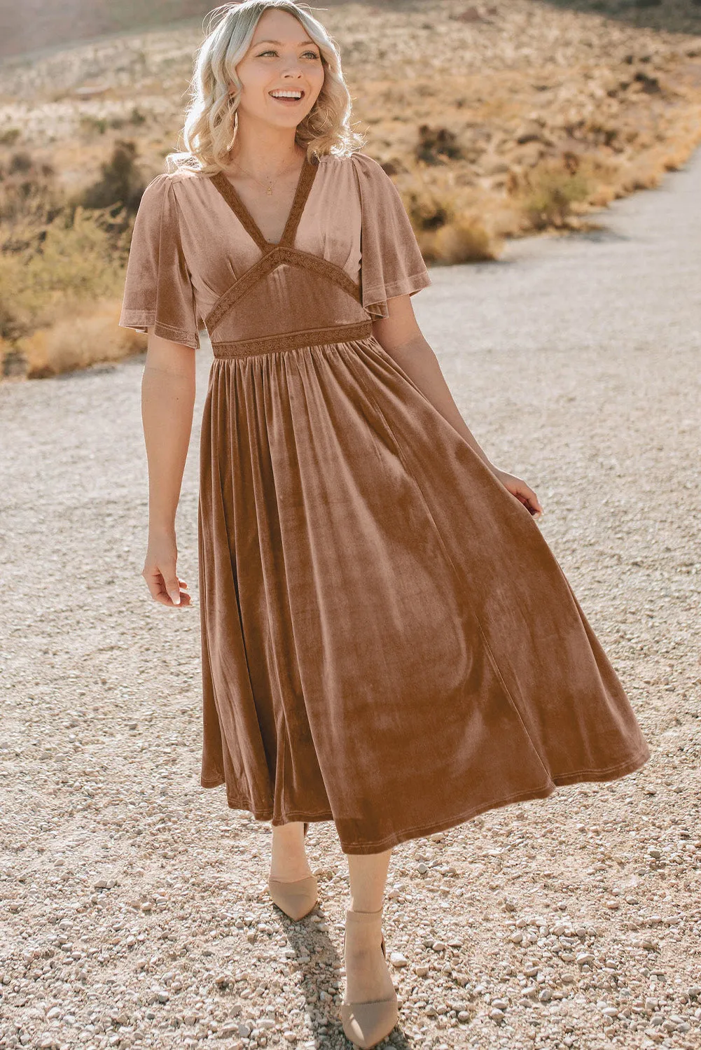 Velvet Maxi Dress with Lace Detail and Empire Waist