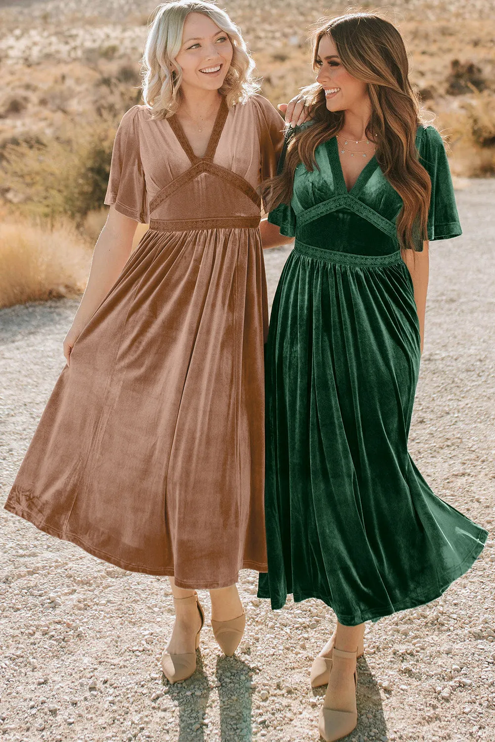 Velvet Maxi Dress with Lace Detail and Empire Waist