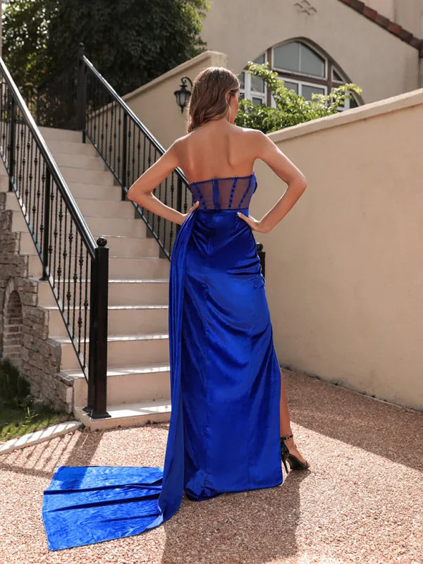 Velvet Tube Top Maxi Dress with Sheer Mesh Panel and High Slit