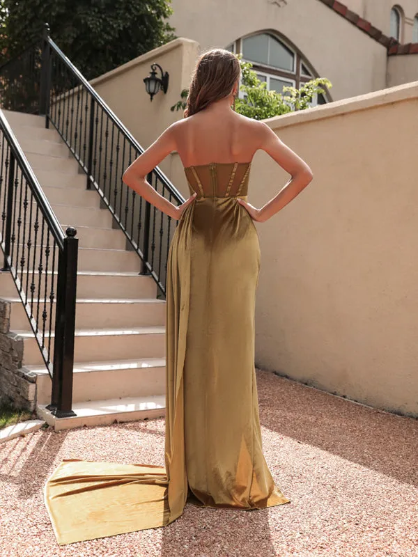 Velvet Tube Top Maxi Dress with Sheer Mesh Panel and High Slit