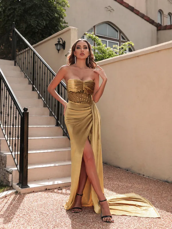 Velvet Tube Top Maxi Dress with Sheer Mesh Panel and High Slit