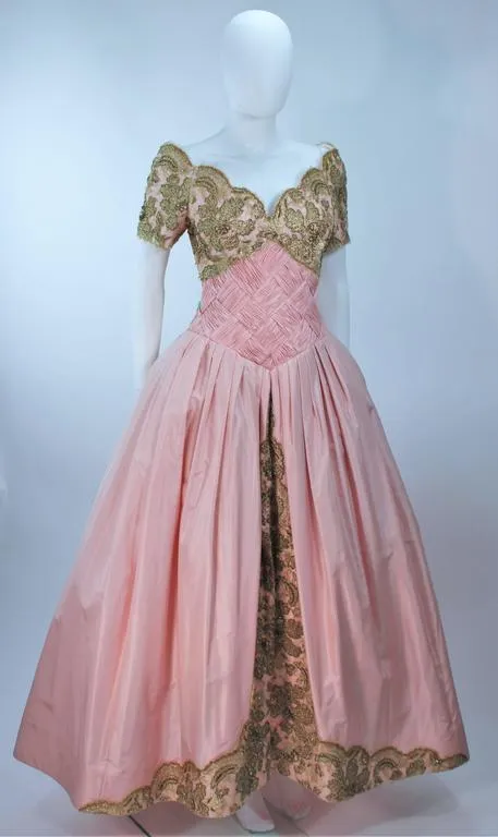 VERA WANG 1980s Pink Silk Ball Gown, Gold Lace Size 10-12