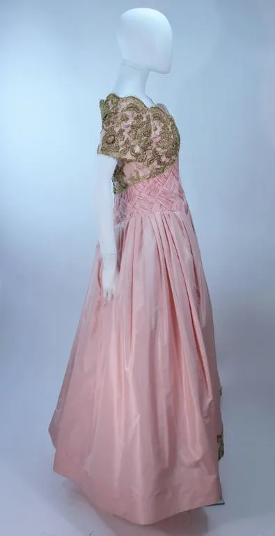 VERA WANG 1980s Pink Silk Ball Gown, Gold Lace Size 10-12