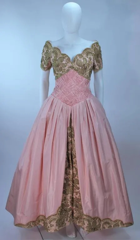 VERA WANG 1980s Pink Silk Ball Gown, Gold Lace Size 10-12