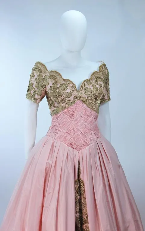 VERA WANG 1980s Pink Silk Ball Gown, Gold Lace Size 10-12