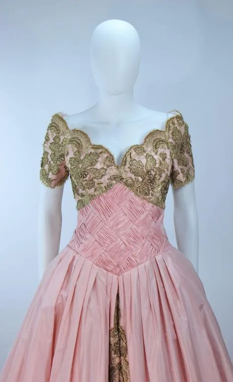 VERA WANG 1980s Pink Silk Ball Gown, Gold Lace Size 10-12
