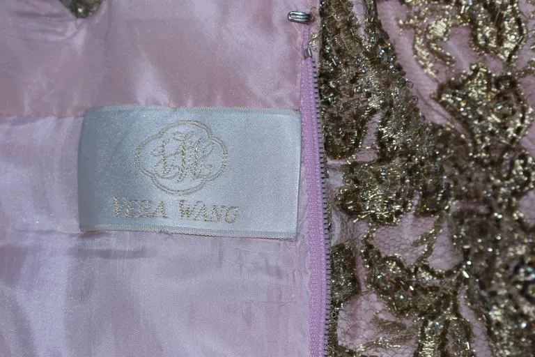 VERA WANG 1980s Pink Silk Ball Gown, Gold Lace Size 10-12
